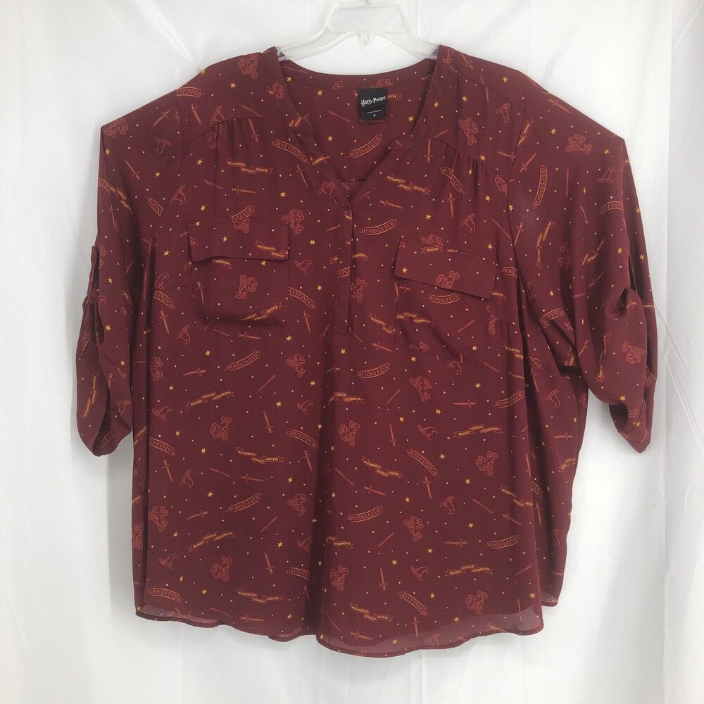 Torrid Harry Potter Blouse Womens 6X Red Gryffindor 3/4 Roll Tab Zip Front Tunic